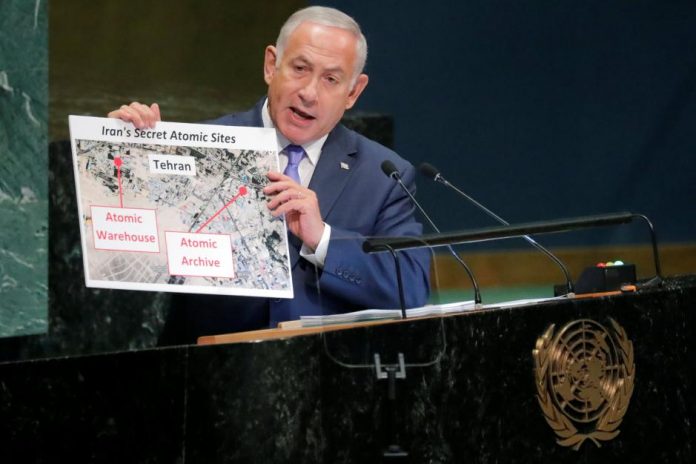 Israeli Prime Minister Benjamin Netanyahu showing Iran's Nuclear Facility Netanyahu showing Iran's New Nuclear Warehouse using props